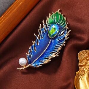 Royal Peacock Blue Feather Pearl Brooch